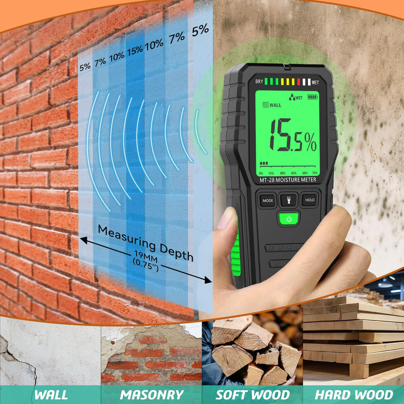 RDINSCOS Pinless Moisture Meter for Wall, Wood & Masonry – Non-Invasive Digital Moisture Detector with 19mm Depth, Flashlight, LCD Display – Ideal for Leak Detection & Water Damage MT28