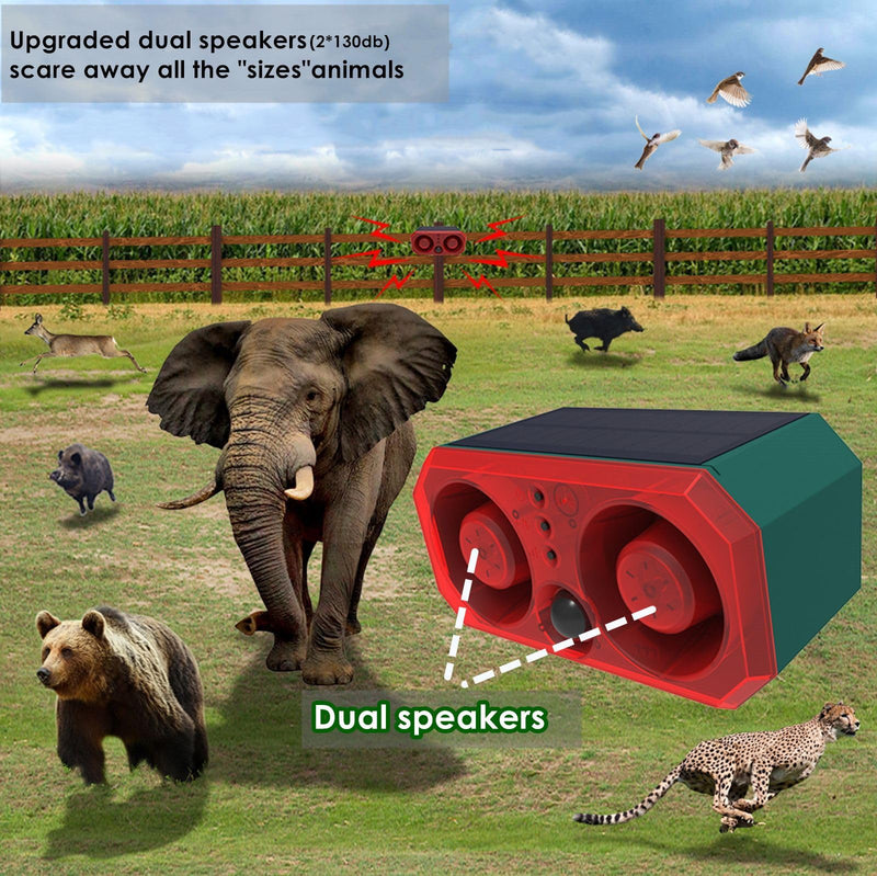 [Australia - AusPower] - HULPPRE Solar Outdoor Motion Sensor Alarm-13 Sounds Including Dog Barking&Gunshot,2*130db Loud Noise Maker,+/-Volume,4 Modes,Support Recording,Strobe Light with USB,Say Goodbye to The Intruders Dual speakers&13 sounds alarm 