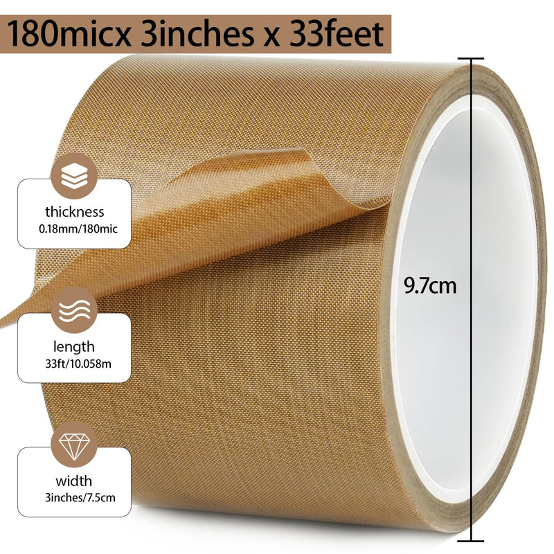 Teflon Glass Cloth Tape,3''x 33ft x 0.18mm,PTFE Coated Fiberglass Adhesive Tape,High Temperature PTFE Tape for Vacuum Sealer Machine,Hand Impulse Sealers Insulation,Low Friction Tape 3inx33ft