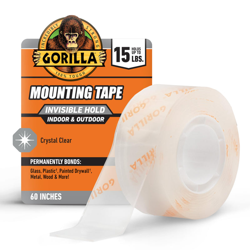 Gorilla Invisible Hold Mounting Tape, 1" x 60" (Pack of 1), Clear Double Sided Tape for Strong, Permanent Indoor & Outdoor Hanging 60" inches