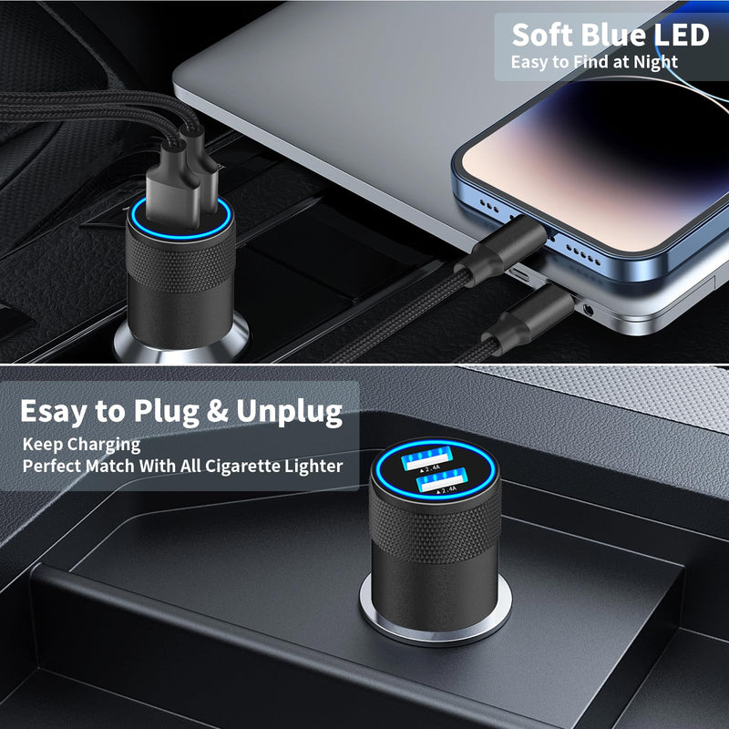 [Australia - AusPower] - 【MFi Certified】iPhone Fast Car Charger, Rombica 4.8A Dual USB Smart Power Cigarette Lighter USB Car Charger + 2Pack Lightning to USB Braided Cable for iPhone 14 13 12 11 Pro/XS Max/Mini/XR/SE/X/8/iPad Carbon Fiber Black 