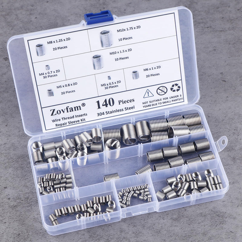 [Australia - AusPower] - Wire Screw Sleeve Thread Repair Inserts Assortment Kit 304 Stainless Steel Metric M3 M4 M5 M6 M8 M10 M12 Wire Thread Inserts Helicoil Thread Repair Kit 140Pcs 
