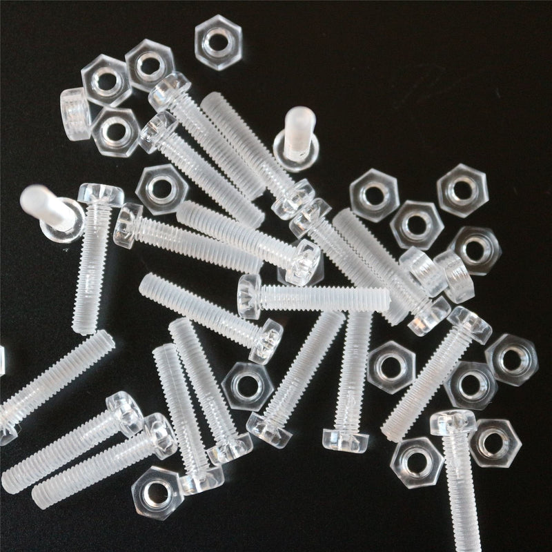 [Australia - AusPower] - Pack of 60 Transparent Clear Plastic Acrylic M4 x 20mm Nuts & Bolts, Washers - Acrylic Plastic Screws, (5/32 x 25/32 in) 