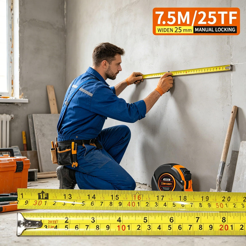 25FT Tape Measure, Inch & CM Dual Scale Self-Locking Heavy Duty Steel Measuring Tape, Easy to Read Markings, Professional Measuring Tool for Engineers, Construction Workers & Decorators (Red) (Orange) Orange