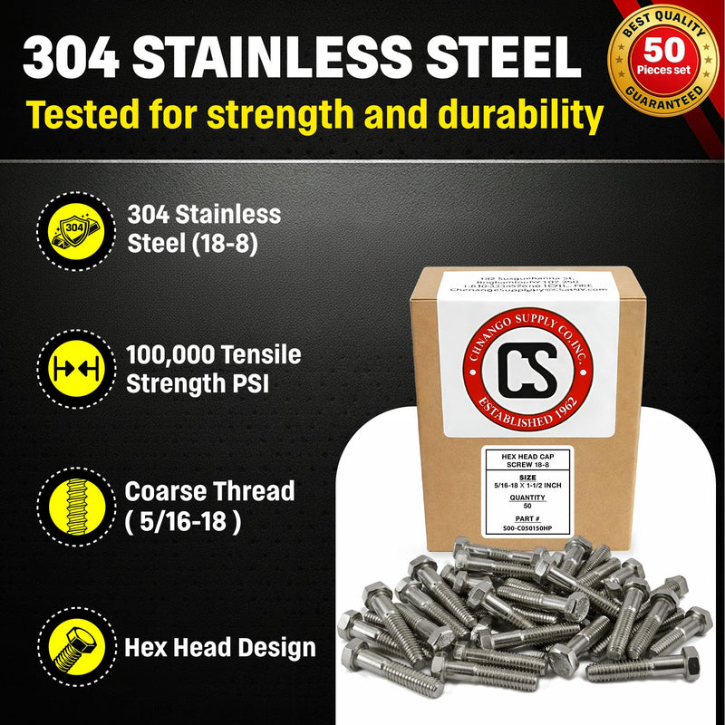 Chenango Supply 5/16-18 x 1-1/2 Stainless Steel Hex Head Bolts – 304 Stainless, USS Coarse Thread, 100,000–125,000 PSI Tensile Strength, Corrosion-Resistant Hardware Bolts, (50 Pieces, 5/16-18 x 1.5) 5/16-18 x 1-1/2 Inch