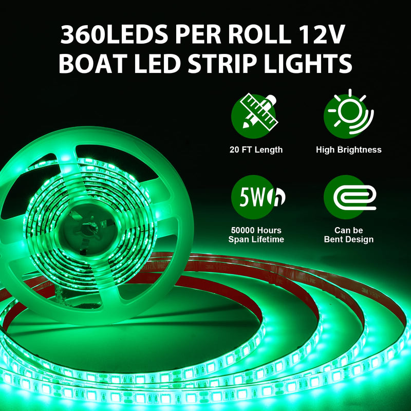 40FT Boat LED Strip Lights 12V Waterproof, Marine LED Strip Lights for Pontoon, Ideal as Under Gunnel Lights, Deck Light, Boat Interior Light for Kayak, Jon Boat and Fishing Boats (Green) Green (40ft)
