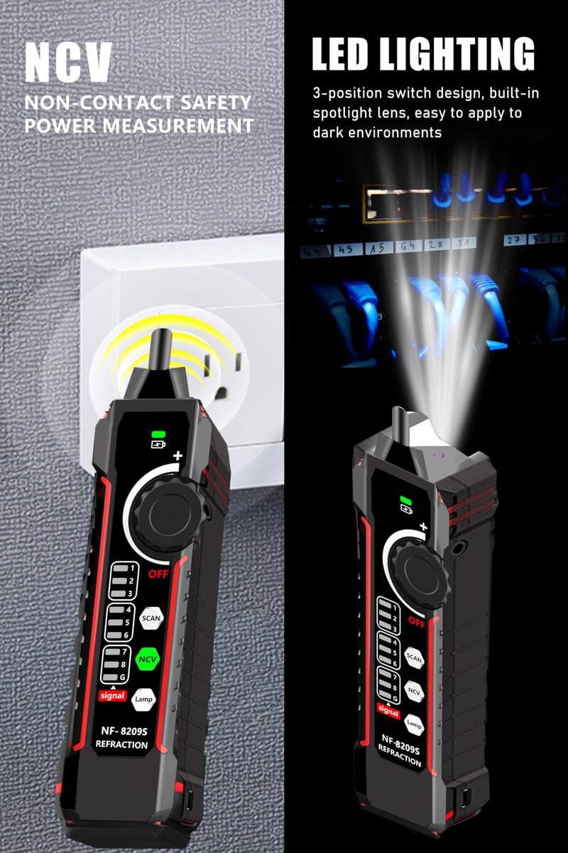 [Australia - AusPower] - NF-8209S Network Cable Tester, RJ45 Ethernet Tester for POE/Cat5/Cat7/Cat6a/Cat6/Cat5e, Wire Mapper, Length, Open/Short, Wire Fault Locator, Ethernet LAN Network Toner Tool Black And Red 