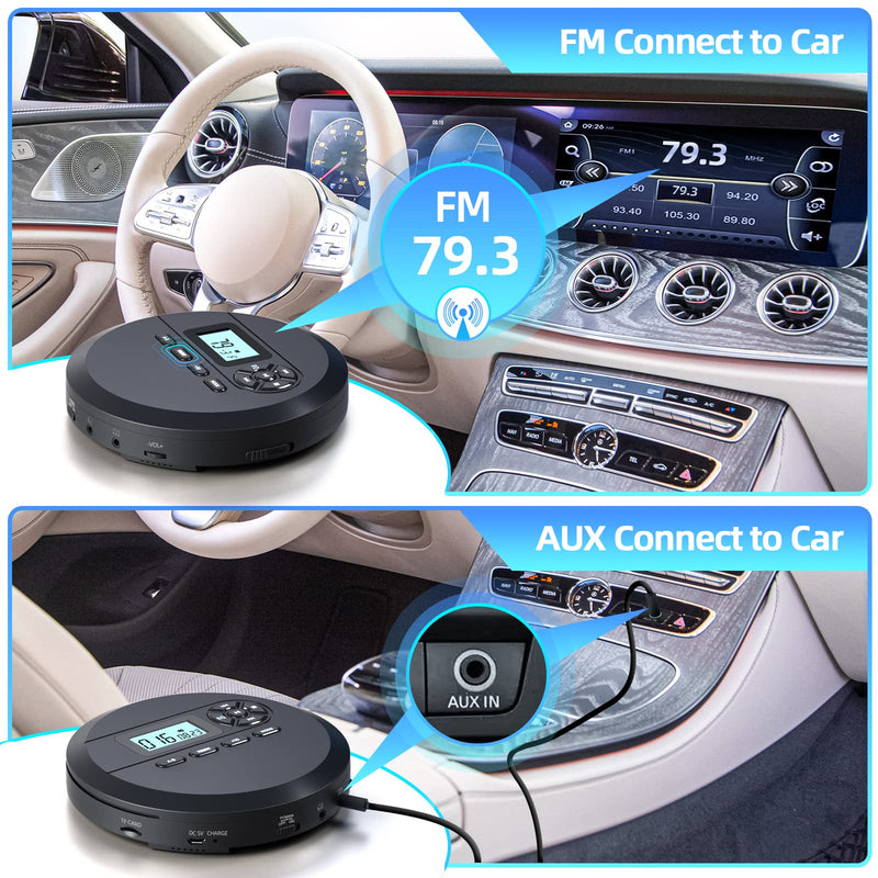 [Australia - AusPower] - CD Player Portable, DESOBRY Portable CD Player with Speakers & FM Transmitter, Compact CD Player for Car Built-in 2000mAh Rechargeable Battery, Walkman CD Player with LCD Screen, Earphones, AUX Cord 