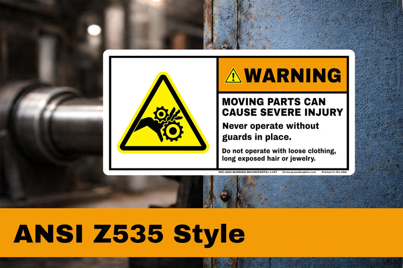 ANSI Z535 WARNING Moving Parts Labels – 3.5” x 7” Industrial Safety Decals (Pack of 10) | Entanglement & Pinch Point Hazard | Heavy-Duty Adhesive | Premium All-Weather Design