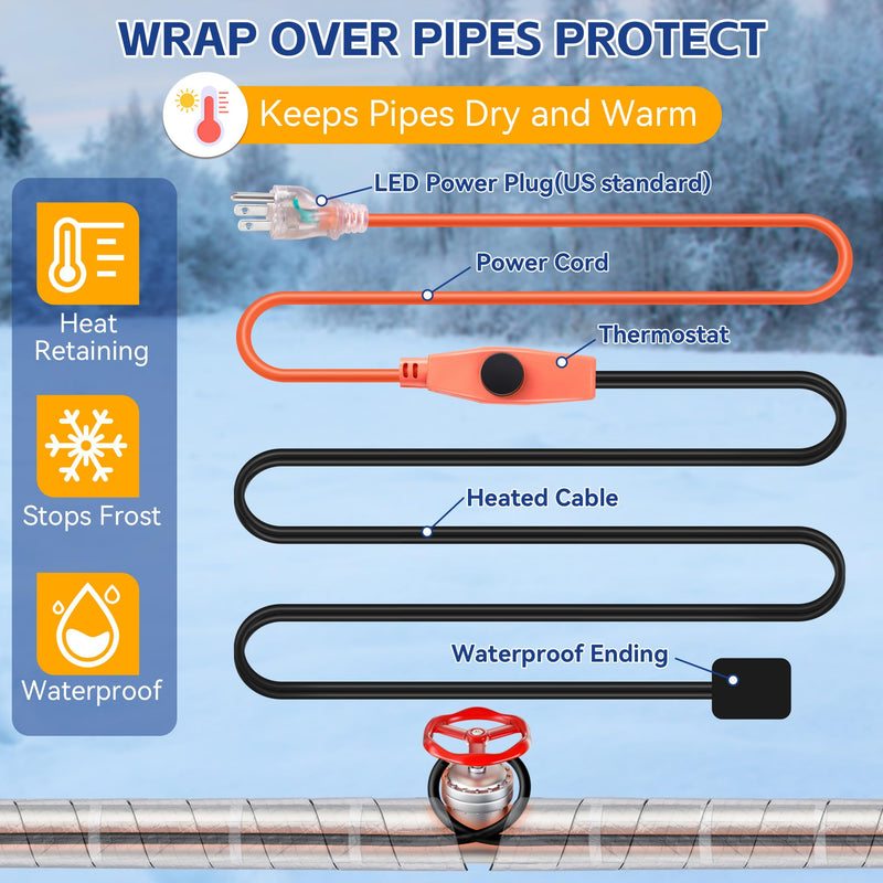 Saillong Heat Tape for Water Pipes & Pipe Wrap Insulation with Tape, Self Regulating Heat Cable, Cotton Water Pipe Insulation Wrap for Freeze Protection RV(9ft,23.6ft) 9FT,23.6FT