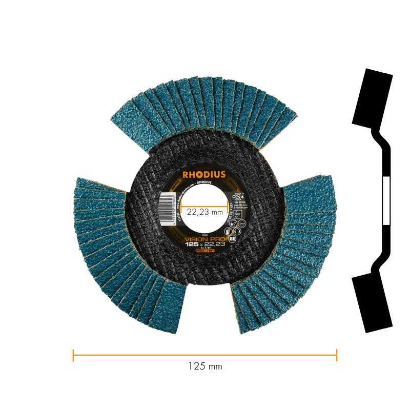 Rhodius Vision Pro Flap Disc, 125 mm, K60, Pack of 10, Proline | Made in Germany, transparent when turning, clear view of the workpiece, for metal, stainless steel & steel, for angle grinders 2-Ø 125 mm