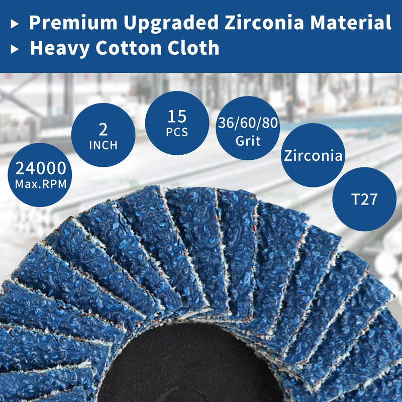 [Australia - AusPower] - 15 PCS Flap Disc Set, 2" Zirconia Blue Flat Flap Discs Roll Lock Grinding Sanding Sandpaper Wheels Grit 36/60/80, Surface Prep Discs for Angle Grinder Strip Rust Paint Removal 15PCS 2 Inch Flap Discs 