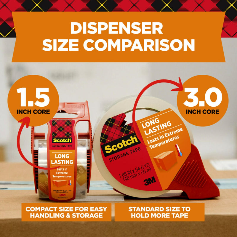 Scotch Long Lasting Storage Packing Tape, Clear, Storage Tape Withstands Extreme Temperatures, 1.88 in x 38.2 yd,4 Rolls and 4 Tape Dispensers 4 Rolls