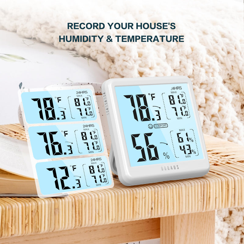 [Australia - AusPower] - DOQAUS Digital Hygrometer Indoor Thermometer for House, Room Thermometer with 3s Fast Refresh & Max Min Records, Temperature Monitor Humidity Meter with Backlight, White 