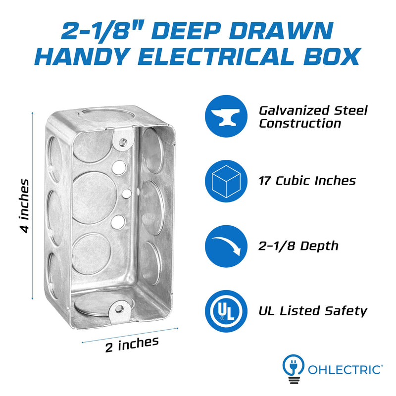 OHLECTRIC 4x2 inch Electrical Handy Box (10-Pack) Steel Metal Outlet Boxes with 1/2" & 3/4" Knockouts, 2-1/8 Inch Deep 17 Cu. in. Steel Junction Box Utility Box 2-1/8" Deep with 1/2" & 3/4" Knockouts 10