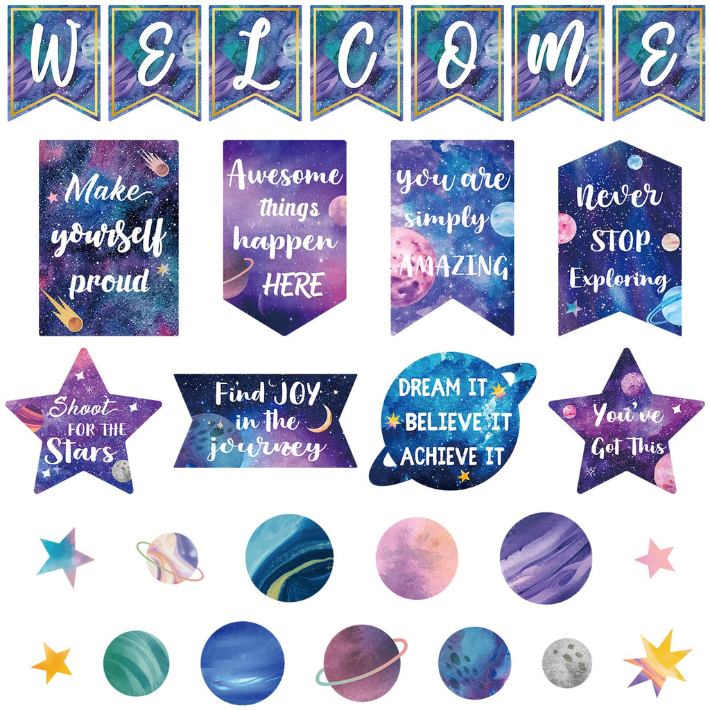 Outus 28 Pcs Outer Space Welcome Bulletin Board Posters Decor Set Motivational Theme Classroom Decorations Inspirational Quotes Paper Cutouts for Teachers Students Home School Supplies