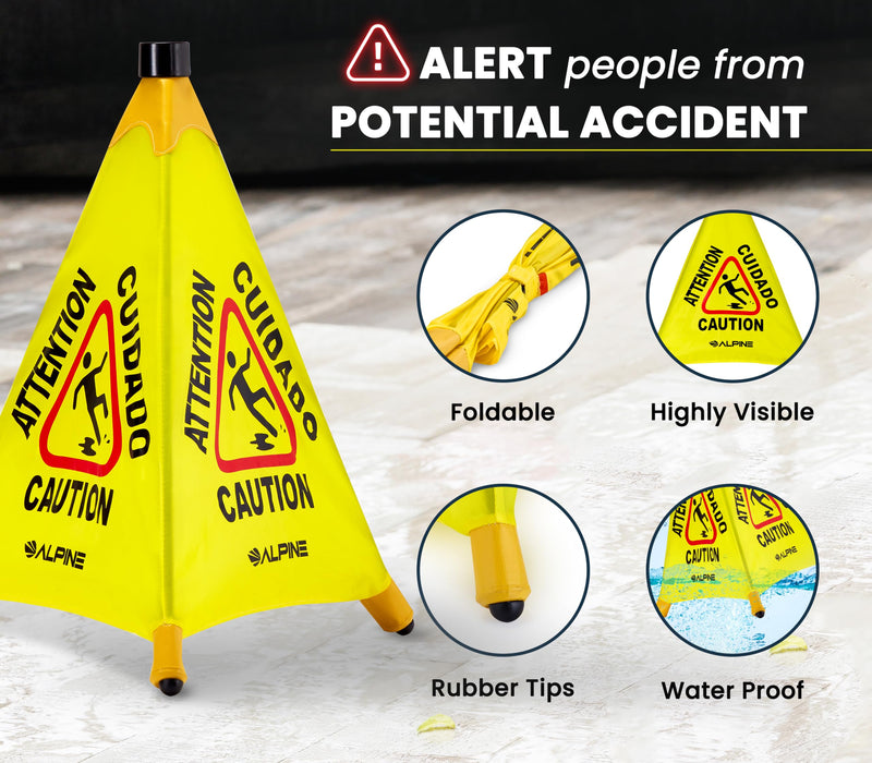 Alpine Caution Wet Floor Sign - Pop Up Slippery When Wet Sign, Wall Mounted Foldable Bilingual Yellow Safety Warning Caution Cone For Commercial & Office Use (20 Inches) 20 Inches