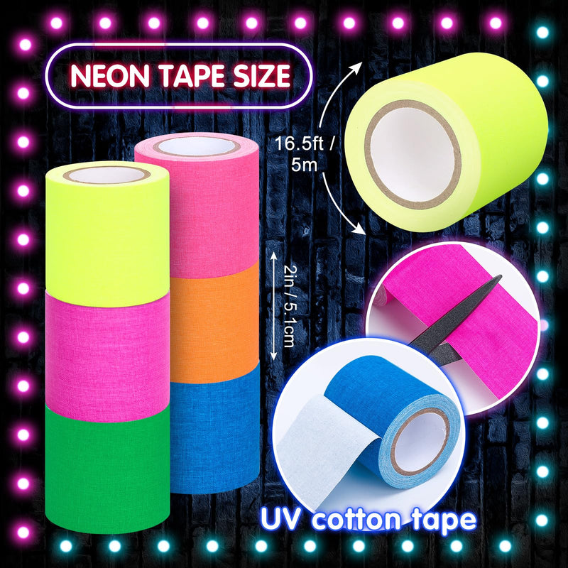 Whaline 6 Colors Neon Gaffer Cloth Tape Fluorescent Rainbow Color UV Blacklight Glow in The Dark Tapes Neon Duct Reflective Tapes for Party Supplies (2 Inch x 16.5 Ft) 2 Inch x 16.5 feet