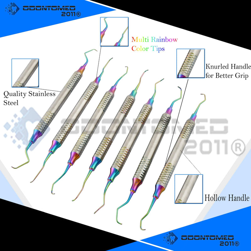[Australia - AusPower] - OdontoMed2011 Set of 7 Gracey Periodontal Curettes 1/2-13/14 Double Ended Hollow Handle Multi Rainbow Color Tips Dental Instruments Protective Packing DN-2276 