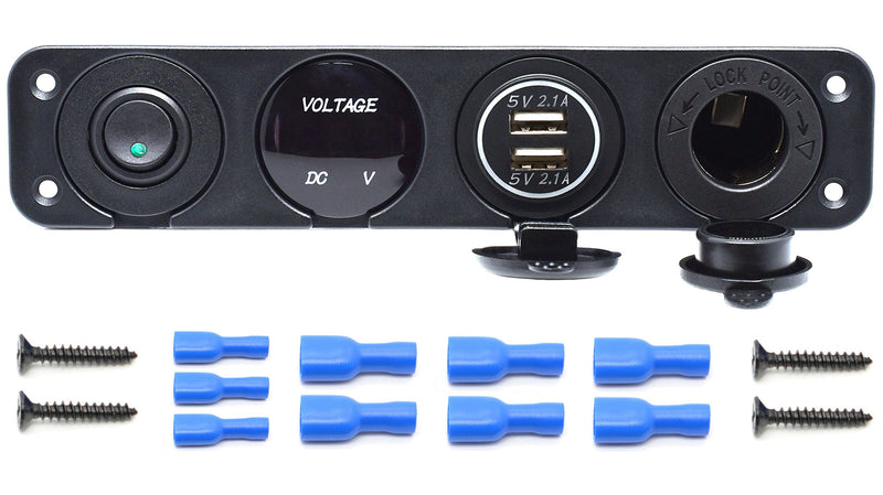Dual USB Socket Charger 2.1A&2.1A + LED Voltmeter + 12V Power Outlet + ON-Off Toggle Switch Four Functions Panel for Car Boat Marine RV Truck Camper Vehicles GPS Mobiles (Green) Green