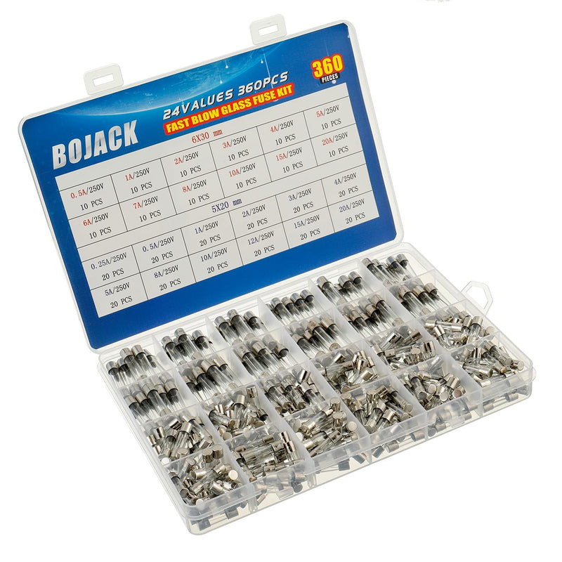 [Australia - AusPower] - BOJACK 24 Values 360 pcs Fast-Blow Glass Fuses Assortment Kit 5x20mm 250V 0.25 0.5 1 2 3 4 5 8 10 12 15 20A 6x30mm 250V 0.5 1 2 3 4 5 6 7 8 10 15 20A amp packag in a Clear Plastic Box 