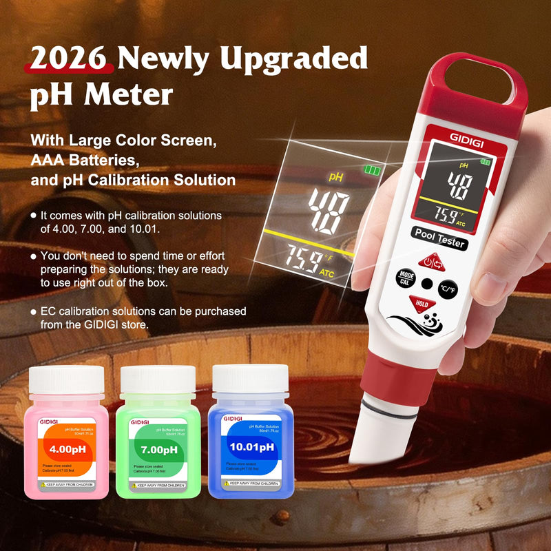 pH Chlorine Meter Digital 7 in 1, Pool ORP Salinity Meter Test pH CL Salt ORP EC TDS Temp, for Pools Aquariums Hydroponics Drinking Water Hot Tubs, Water Test Kit, with Calibration Solution