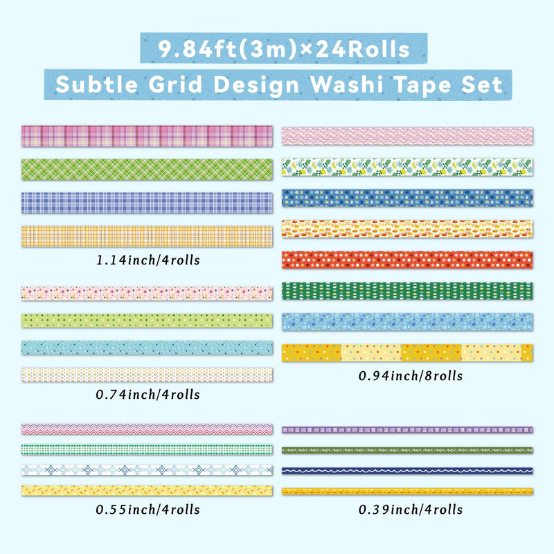 Grid Washi Tape Set 24 Rolls, Decorative Masking Tape for Junk Journal, Scrapbooking Supplies, DIY Crafting Supplies Grid