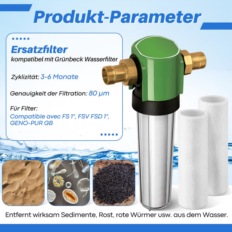 Enhon Pack of 12 Replacement Filters 80 µm, Compatible with Grünbeck Water Filter FS 1, High-Quality Wool Fibre, Compatible with Grünbeck Geno Fine Filter FS 1, House Water Filter Replacement Candle