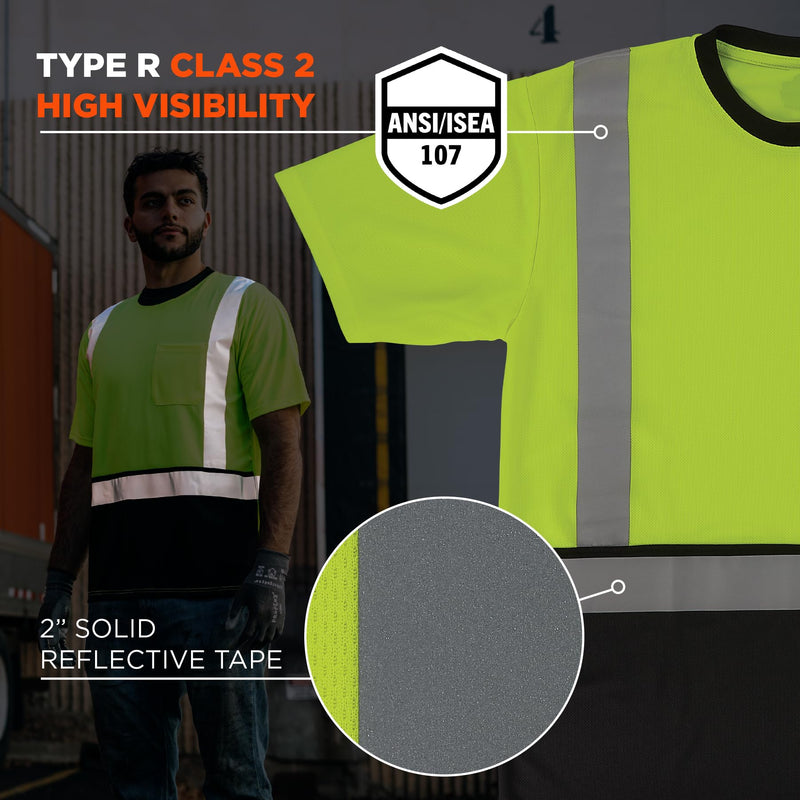 Ergodyne Unisex Adult Glowear 8286bk Essential Hi-vis T-Shirt - Type R, Class 2, Black Bottom Large Lime