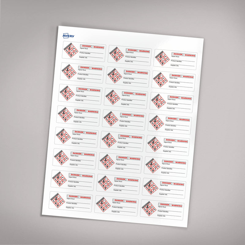 Avery GHS Secondary Container Labels, Waterproof, Chemical Resistant, Preprinted, Handwrite-Only, 1" x 2.5", 240 GHS Labels 1" x 2.5" 240 labels