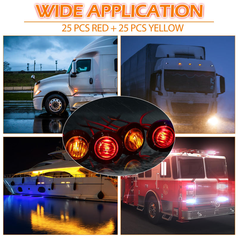 [Australia - AusPower] - Tallew 50 Pieces 3/4'' Round LED Side Marker Lights, 3 LEDs Front Rear Side Indicator Lights Yellow and Red Turn Signal Lights IP68 Waterproof Lamp for Truck Trailer Lorry Bus Caravan Boat, 12V 