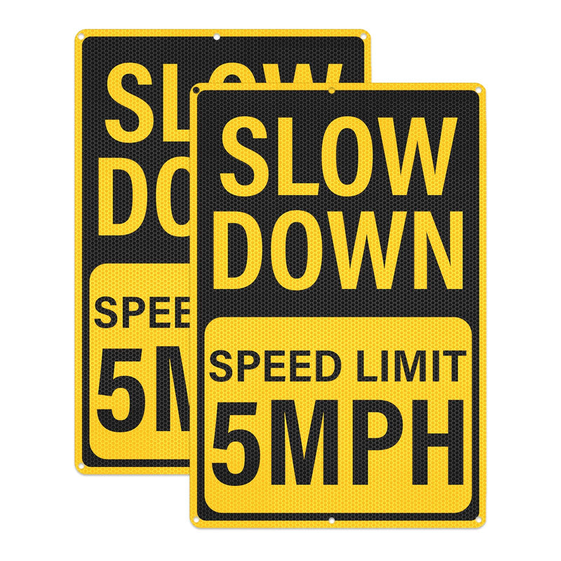 Slow Down Speed Limit 5 MPH Sign 12 x 18 Inches Reflective Aluminum Metal Traffic Sign Rust-Free Warning Signs for Driveway Parking Lots Neighborhoods Campground 2 Pack Yellow