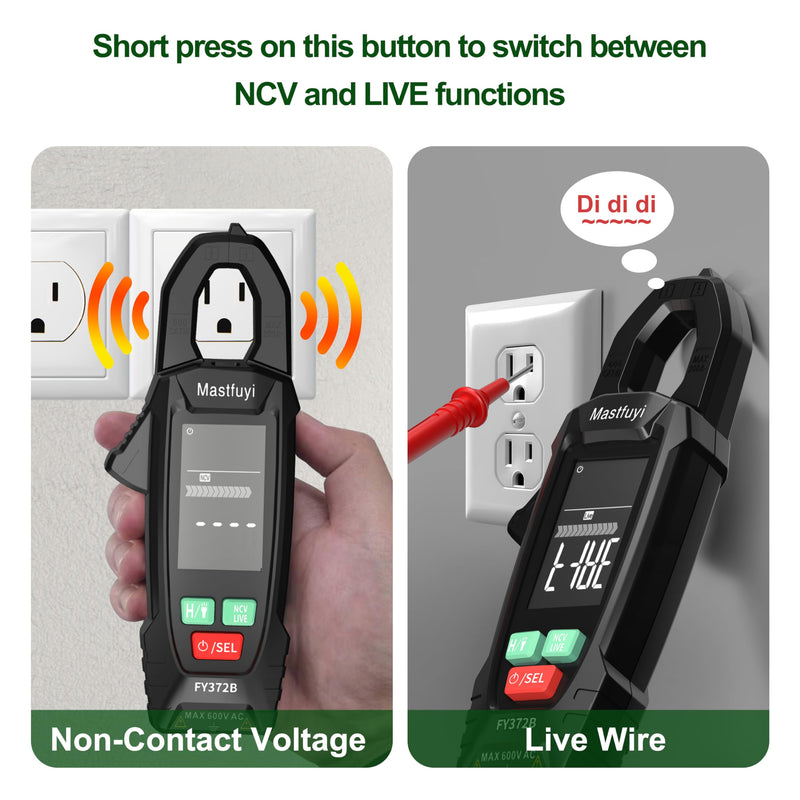[Australia - AusPower] - Digital Clamp Meter Multimeter Tester T-RMS 6000 Counts, Auto-ranging Voltage Amp Tester with NCV Measures AC/DC Voltage, AC Current, Resistance, Capacitance, Frequency, Continuity, Live Wire FY372B 