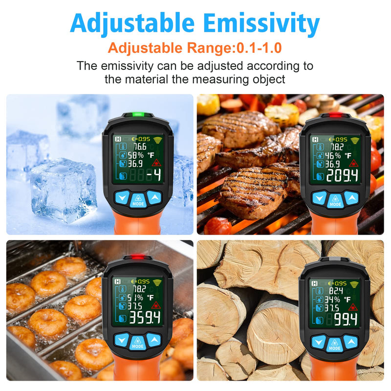 [Australia - AusPower] - MESTEK Infrared Thermometer Gun, Non Contact Digital Laser Thermometer Temperature Gun with Color LCD for Cooking, Home Repairs, Humidity Measurement, Adjustable Emissivity -58°F to 1472°F(-50~800°C) Orange -58°F to 1472°F 