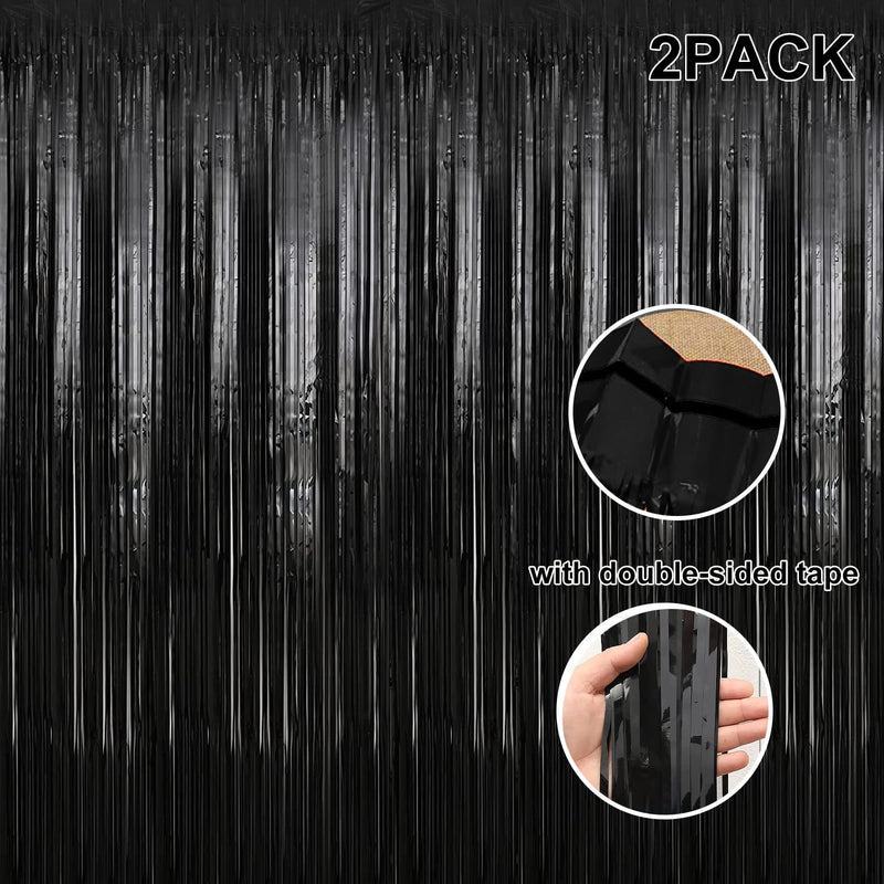 [Australia - AusPower] - 2 Pack 3.2 ft x 9.8 ft Black Tinsel Curtain Party Backdrop Decorations, Metallic Foil Fringe Backdrop Door for Halloween, Christmas, Birthday Graduation Wedding Party Streamers Photo Backdrop. 