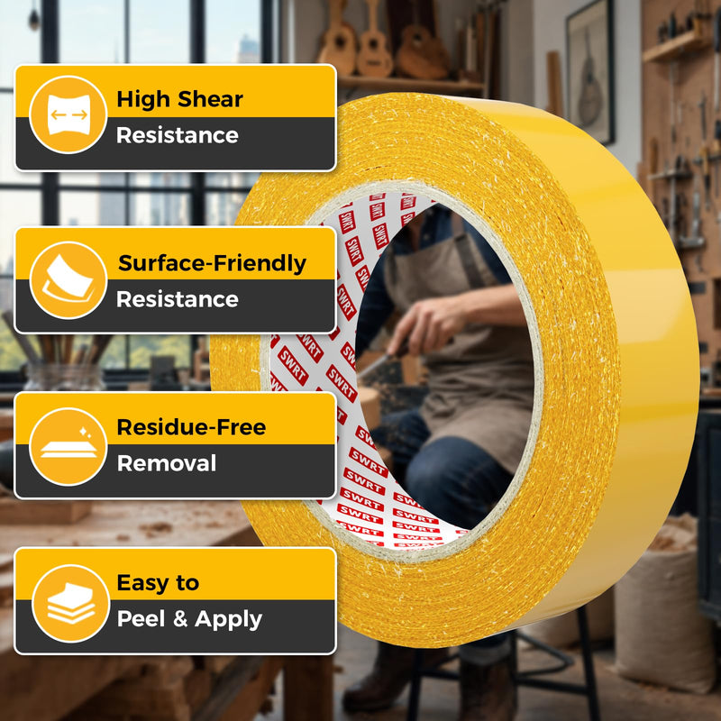 SWRT Double Sided Woodworking Tape 1 Inch x 108 FT, 3 Rolls, Removable Adhesive for Holding Wood Templates, Mounting Boards, MDF Edge Banding, Routing, and Anchoring, Clean Removal No Residue