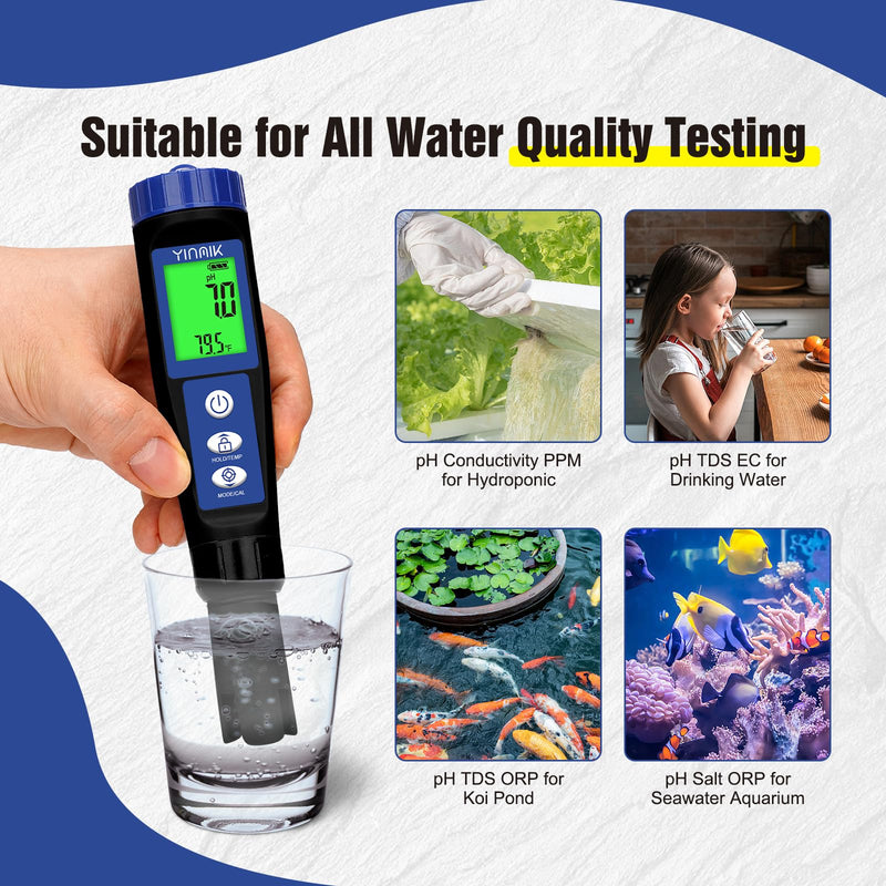 pH Salt Meter Salinity pH Tester for Saltwater Pool 6 in 1 pH Salt EC TDS ORP Temp Test Kit Pool pH ORP Monitor Hydroponic pH Conductivity PPM Reader YINMIK Salt Checker for Aquarium Koi Pond