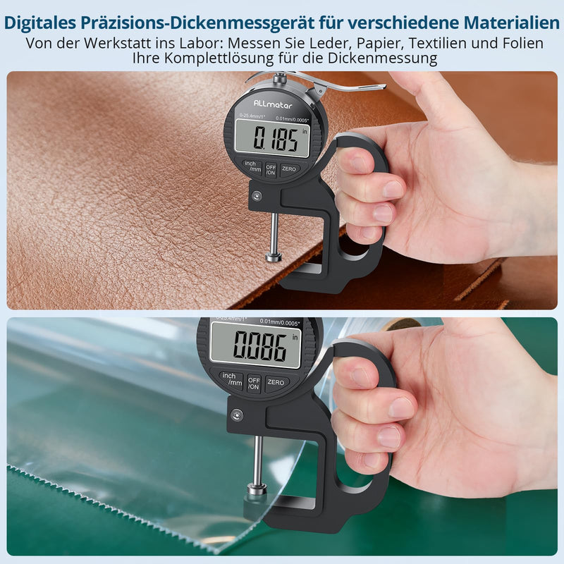 Digital thickness gauge 0-25.4mm, 0.01mm/0.0005'' precision measuring instrument with LCD display for leather, paper, fabric 25.4mm / 0.01mm