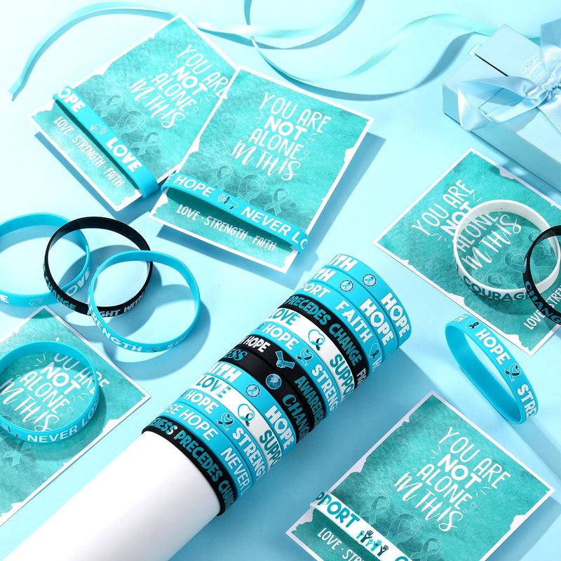 [Australia - AusPower] - 30 Sets/ 60 Pcs Teal Ribbon Awareness Silicone Wristbands with Cards Include 30 PTSD Awareness Wristband 30 You Are Not Alone Card for PTSD Assault Anxiety Disorder Ovarian Cancer Awareness 