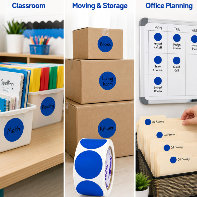 ChromaLabel Blue Dot Stickers, 2 Inch Round Color Coding Labels, 500/Roll, Writable Permanent Adhesive Circle Stickers for Inventory, Warehouse, Classroom, Moving Boxes, Office, Bins & Shelves 2" Dark Blue