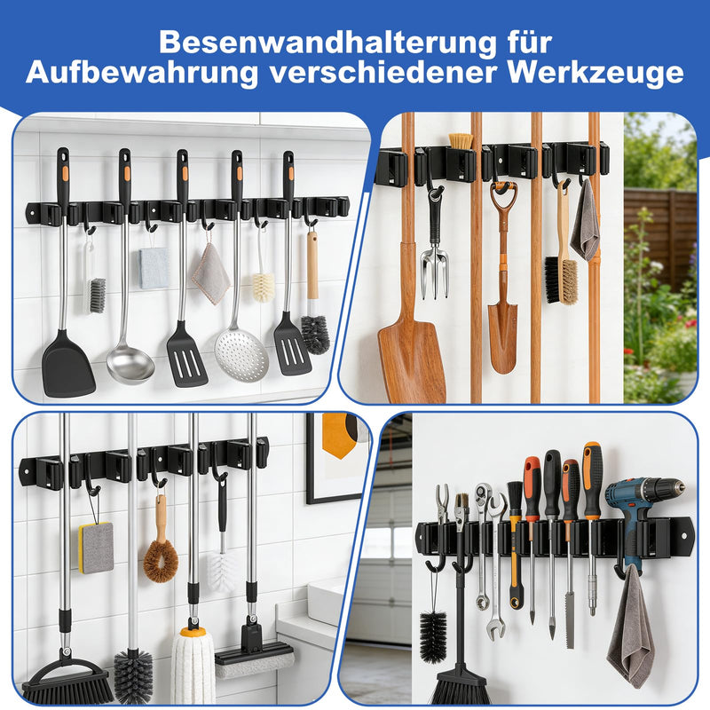 1 Piece Broom Holder Wall, 5 Holders + 4 Hooks Stainless Steel Tool Holder, Self-Adhesive Garden Tool Holder, Broom Holder, Tool Holder Organiser for Garage, Garden, Kitchen, Bathroom, Black