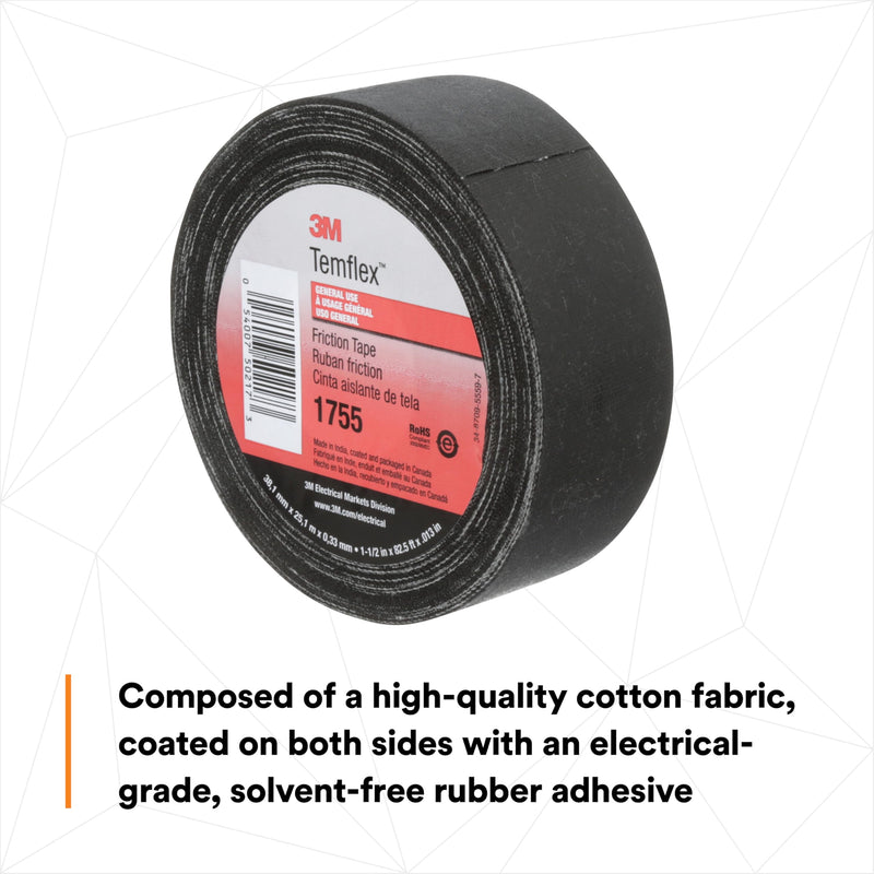 3M Temflex Cotton Friction Tape 1755, Black, 1-1/2" Width, 82-1/2 Foot Length