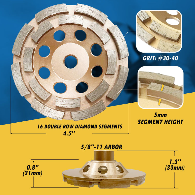 [Australia - AusPower] - 4.5" Diamond Grinding Wheels for Concrete or Masonry, 16 Double Row Segments, 30/40 Grit, Medium Bond, 5/8"-11 Arbor 4.5"- 16 Segs Premium Double Row - 5/8"-11 Arbor 