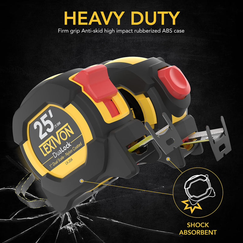 LEXIVON [2-Pack] 25Ft/7.5m Tape Measure, DuaLock & AutoLock | 1-Inch Wide Blade with Nylon Coating, Matt Finish White & Yellow Dual Sided Rule Print | Ft/Inch/Fractions/Metric (LX-204) 2PK-25FT DuaLock & AutoLock