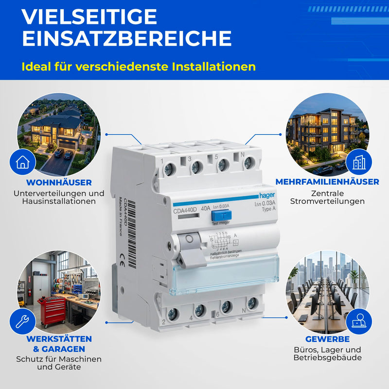Hager CDA440D Residual Current Circuit Breaker Type A 40A 30mA 4-Pin 3P+N FI Switch 6kA for DIN Rail, RCD Circuit Breaker 230V 400V, Screw Technology QuickConnect, Personal Protection