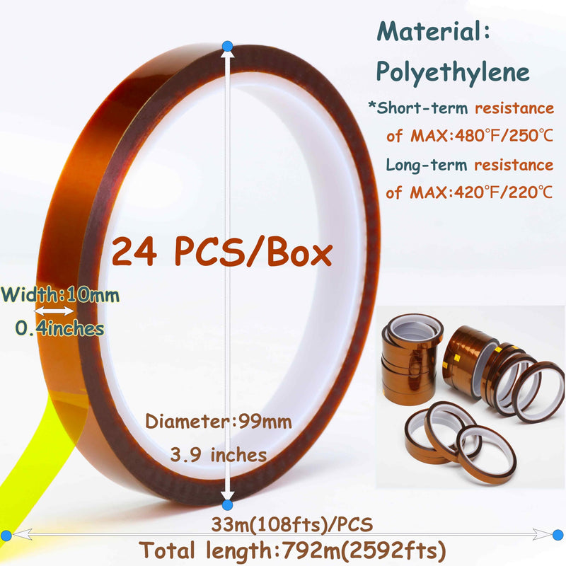 Valley'sYuMiao 24Rolls,10mm×108fts, Heat Tape for Sublimation, Heat Resistant Tape, Heat Transfer Tape, No Residue, Thermal, Total Length 2596fts 24Roll 420℉max