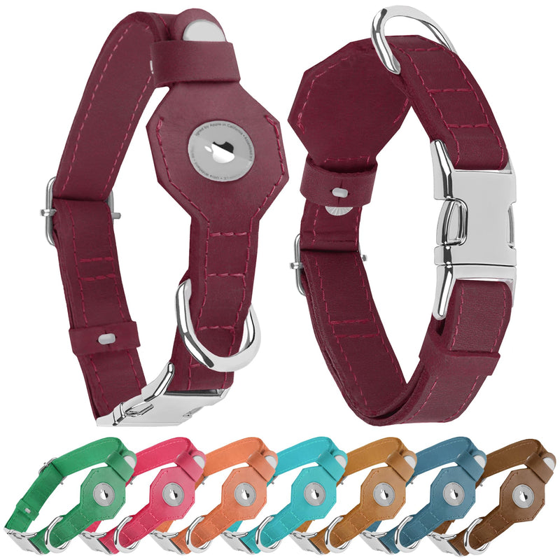 Leather Dog Collar with Airtag Holder - Soft Adjustable Airtag Dog Collar with Metal Buckle - GPS Tracking Apple Air Tag Pet Collar for Small Large Dogs (Burgundy, XL, 20"-25" Neck Fit) Burgundy