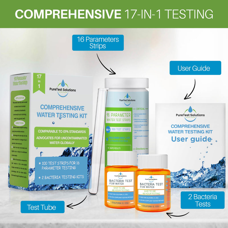 [Australia - AusPower] - 17 in 1 Complete Drinking Water Test Kit (100 Strips & 2 Bacteria Testers) Assesses for Lead, Alkalinity, Chlorine, Hardness, Iron, Fluoride, Copper, and More 