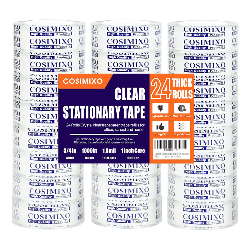 COSIMIXO 24Rolls Crystal Clear Tape Refills for Dispenser, 3/4Inch x 1000 inch,Bulk Transparent Tape,Office Stationery Tape for Home and School 24