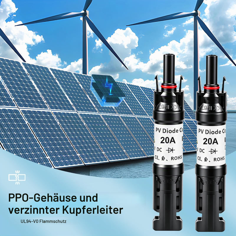 Solar PV Connector, Pack of 2 DC PV Plug, Solar M-C4 Plug Blocking Diode Solar PV Connector Parts with Built-in Anti-Backflow Diode, IP67 Waterproof for Connecting Solar Panels 20A